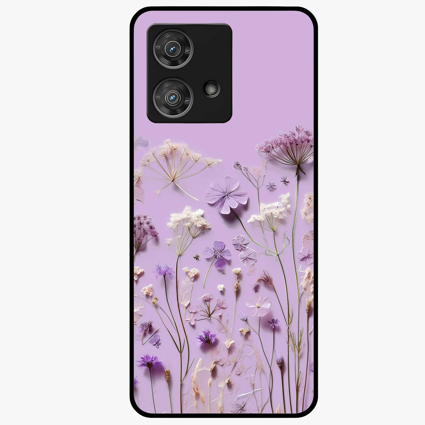 Lavender Blossom Dream Glass Case showing flat back view with soft lavender floral artwork and glossy glass finish.
