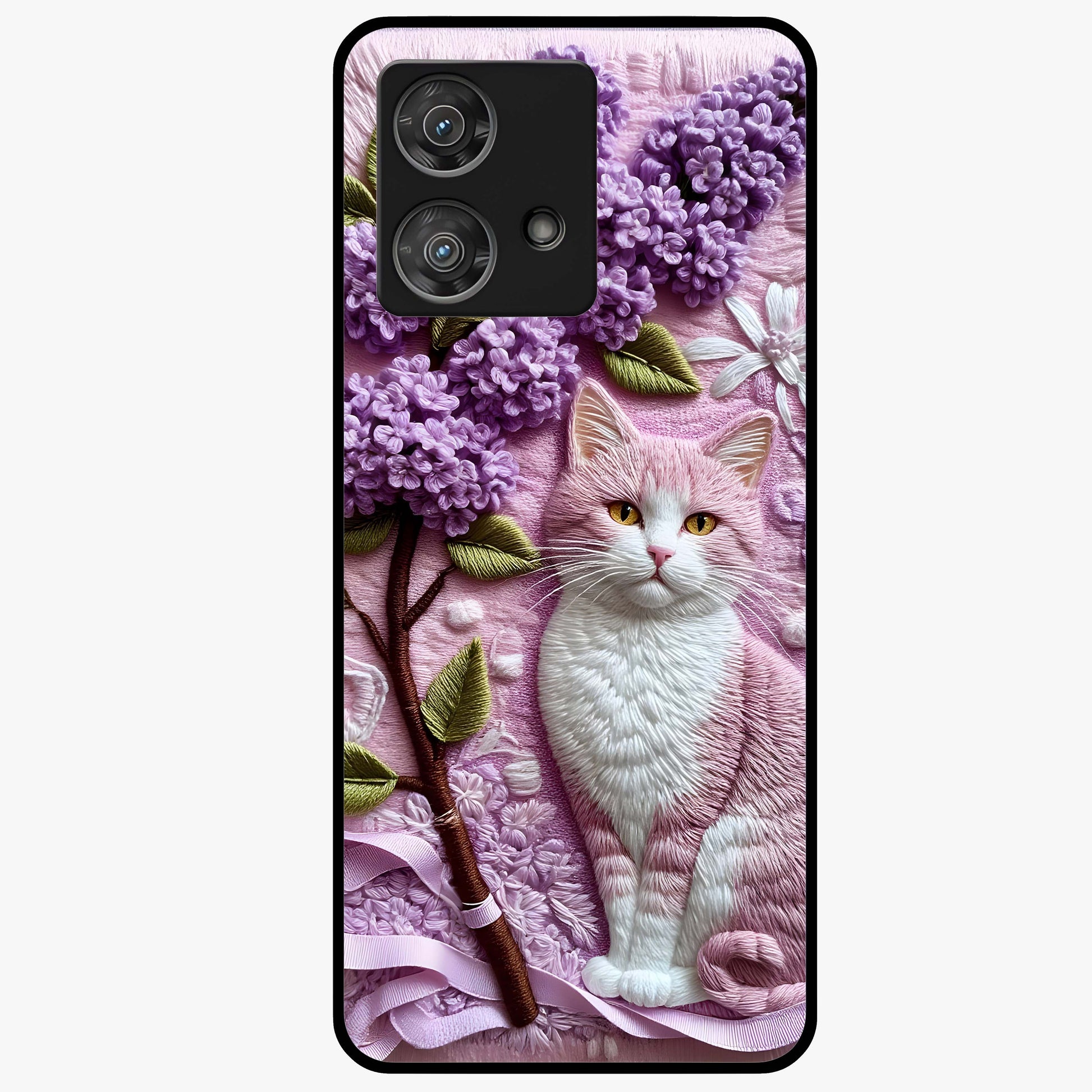 Lavender Cat Whimsy Glass Case showing flat back view with cute lavender cat artwork and glossy glass finish.