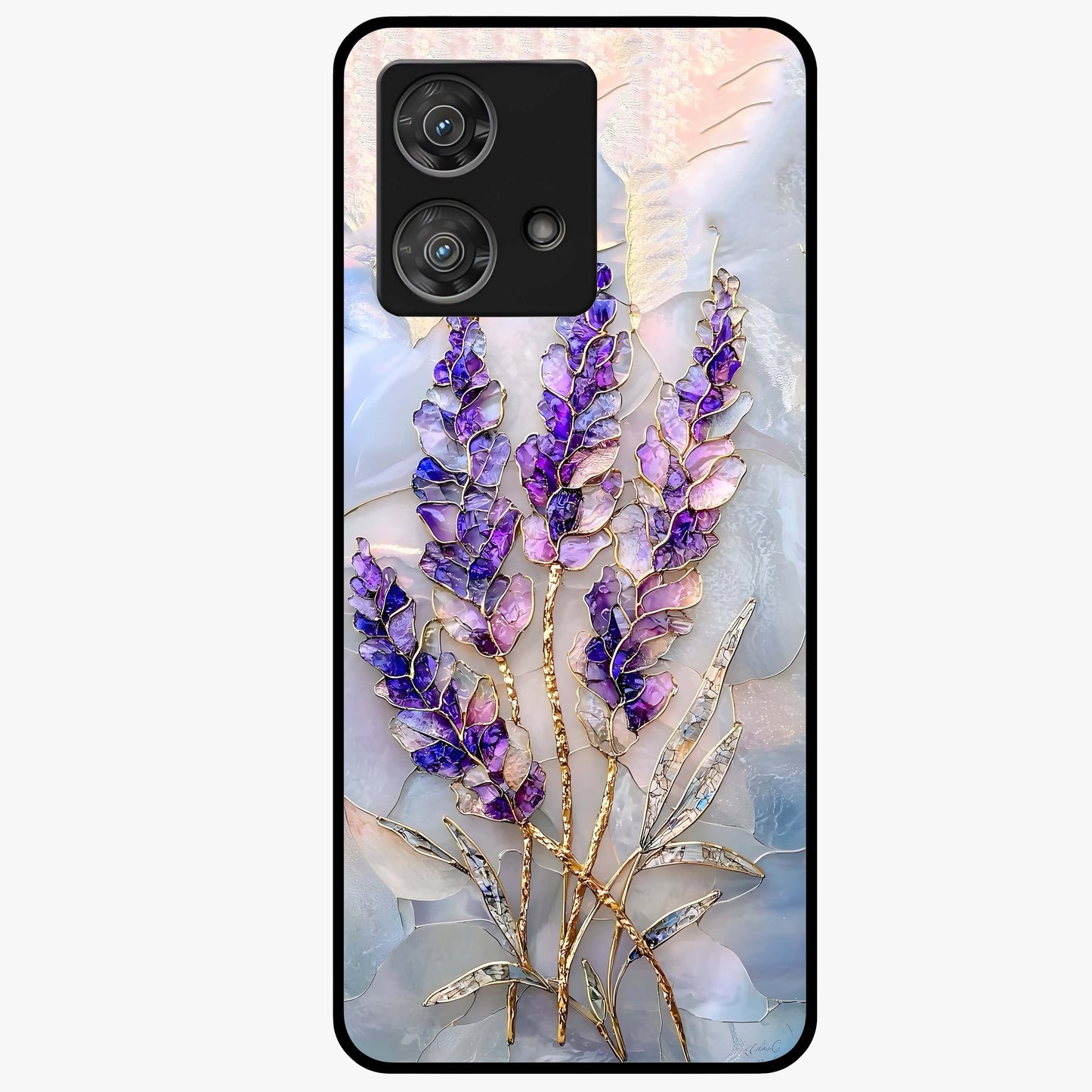 Lavender Dream Glow Glass Case showing flat back view with glowing lavender aesthetic artwork and glossy glass finish.