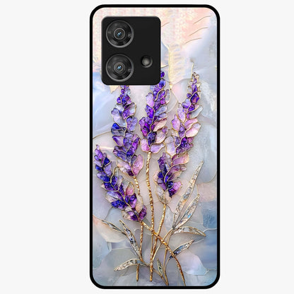 Lavender Dream Glow Glass Case showing flat back view with glowing lavender aesthetic artwork and glossy glass finish.