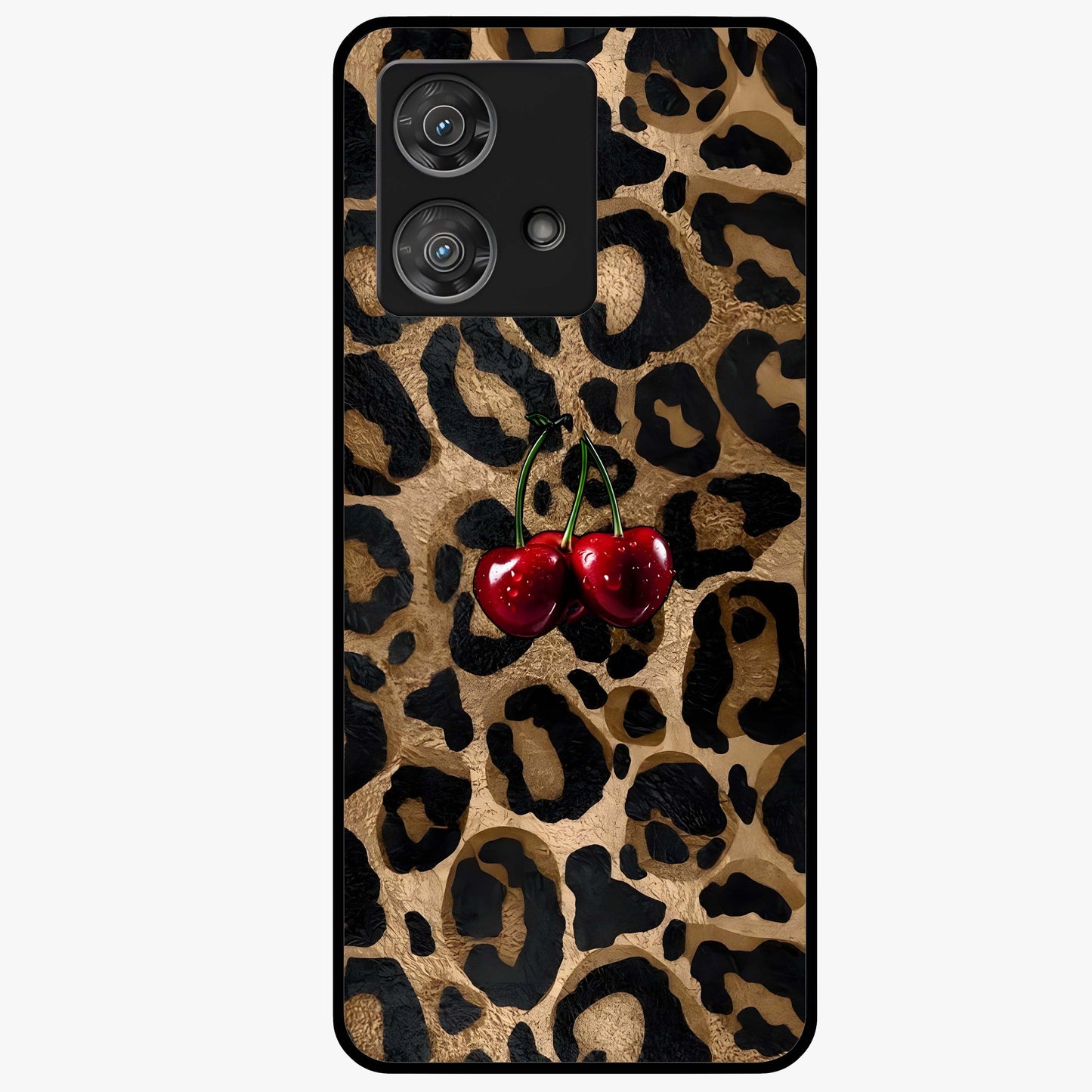 Leopard Wild Cherry Glass Case showing flat back view with leopard pattern and cherry artwork and glossy glass finish.