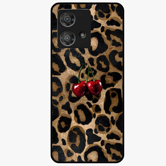 Leopard Wild Cherry Glass Case showing flat back view with leopard pattern and cherry artwork and glossy glass finish.