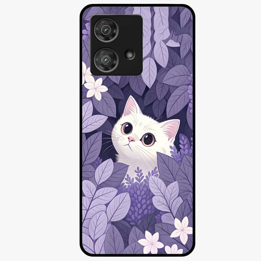 Lilac Hide Peek Cat Glass Case showing flat back view with cute peeking cat artwork and glossy glass finish.