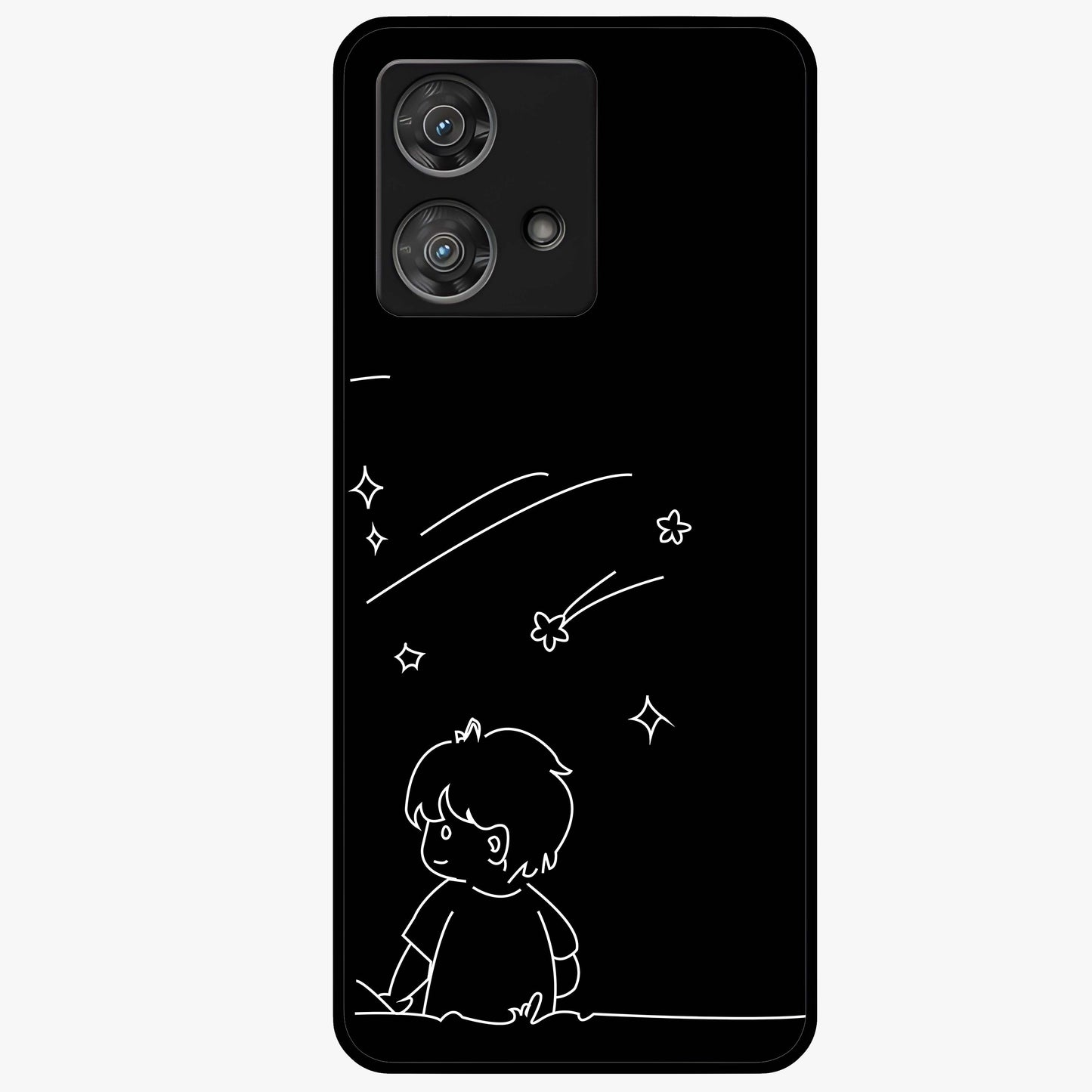 Line Art Boy With Shooting Stars Glass Case showing flat back view with minimal line art boy and shooting stars illustration and glossy glass finish.