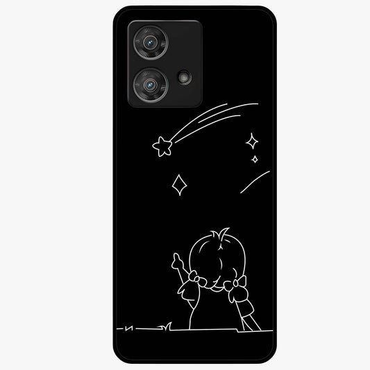 Line Art Girl With Shooting Stars Glass Case showing flat back view with minimal line art girl and shooting stars illustration and glossy glass finish.