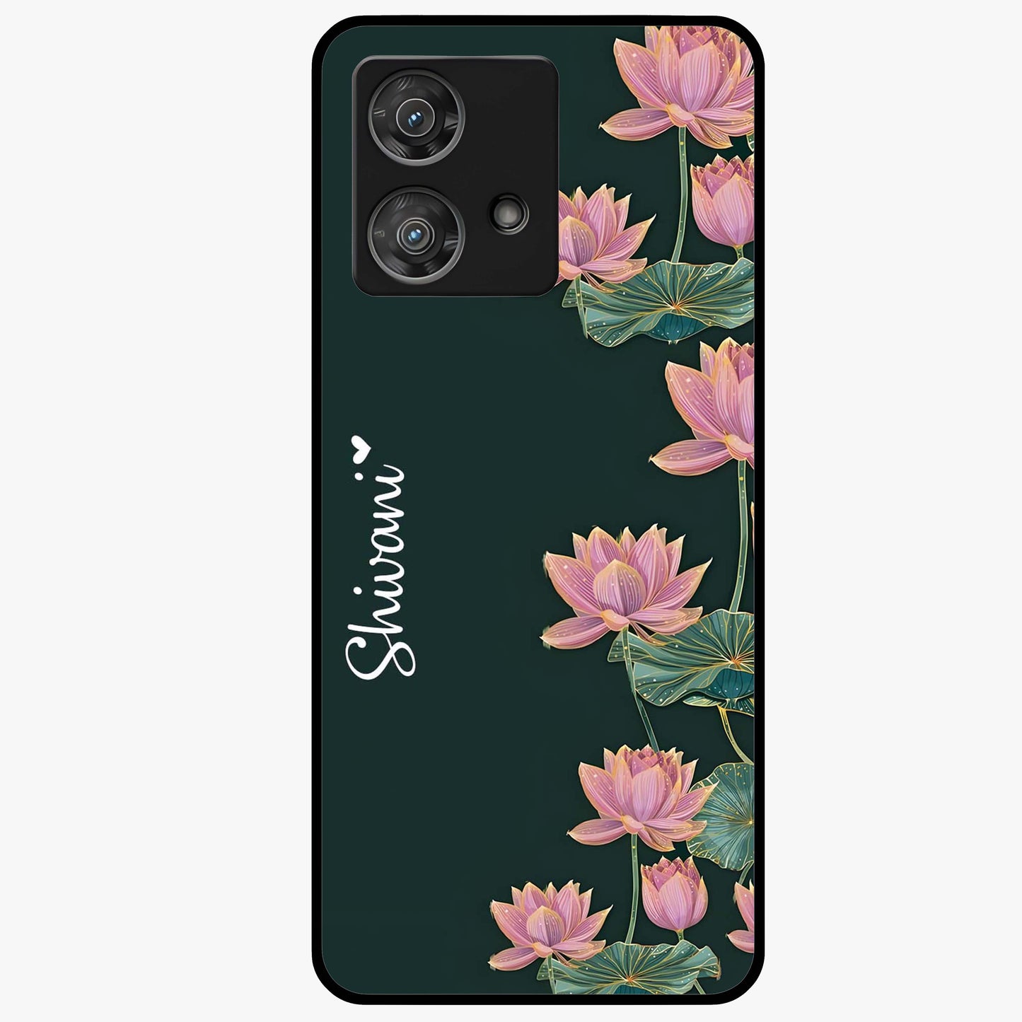 Lotus Bloom Serenity Custom Name Glass Case showing flat back view with elegant lotus flower artwork and personalized name design.