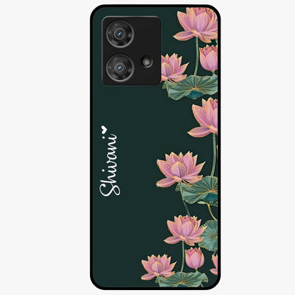 Lotus Bloom Serenity Custom Name Glass Case showing flat back view with elegant lotus flower artwork and personalized name design.