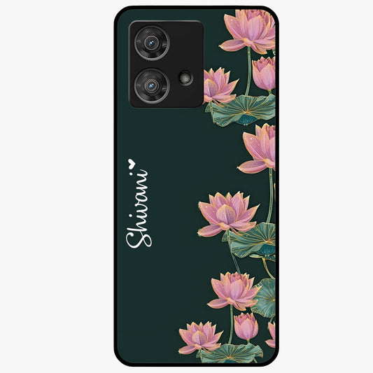 Lotus Bloom Serenity Custom Name Glass Case showing flat back view with elegant lotus flower artwork and personalized name design.