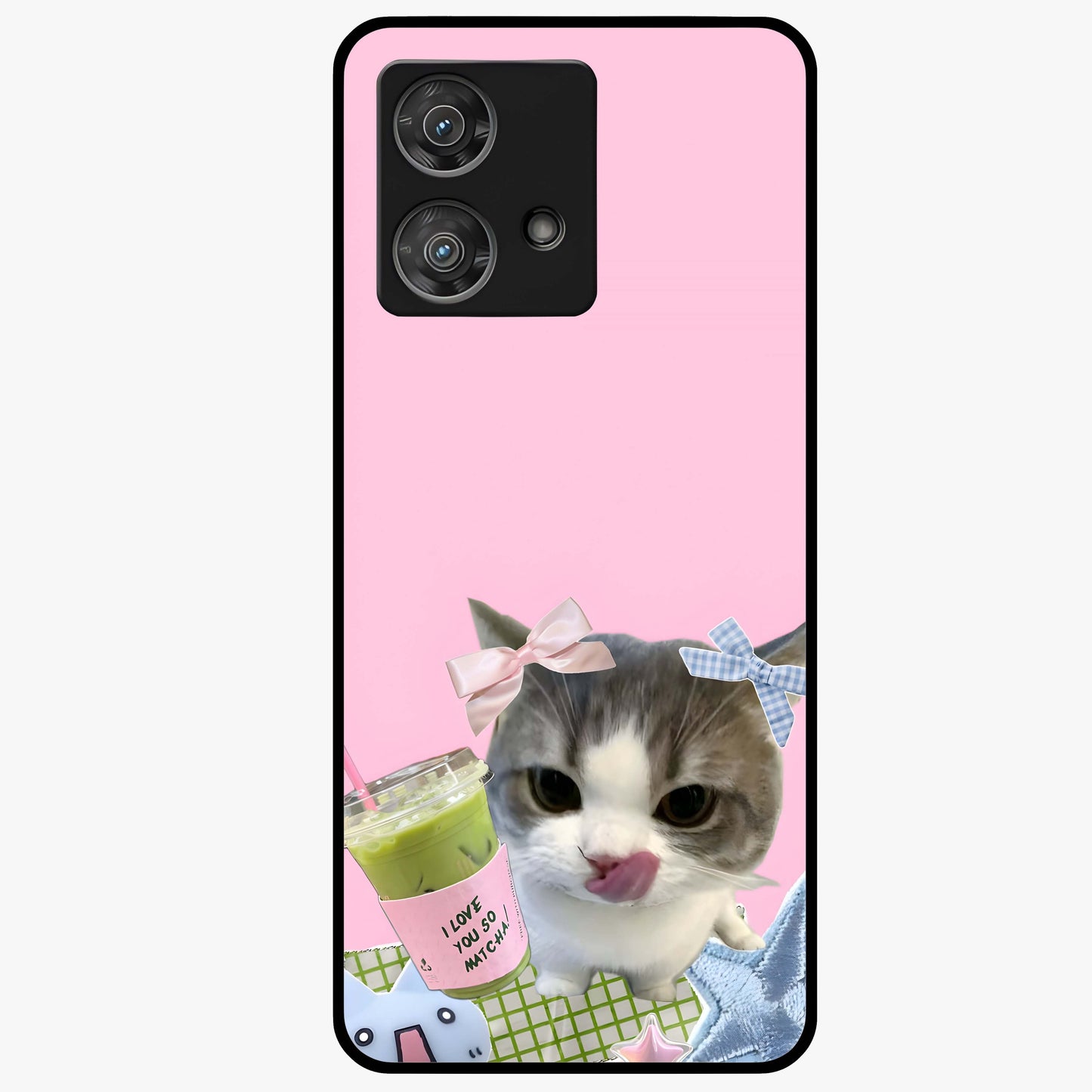 Love Matcha Cat Glass Case showing flat back view with cute cat and matcha themed artwork and glossy glass finish.