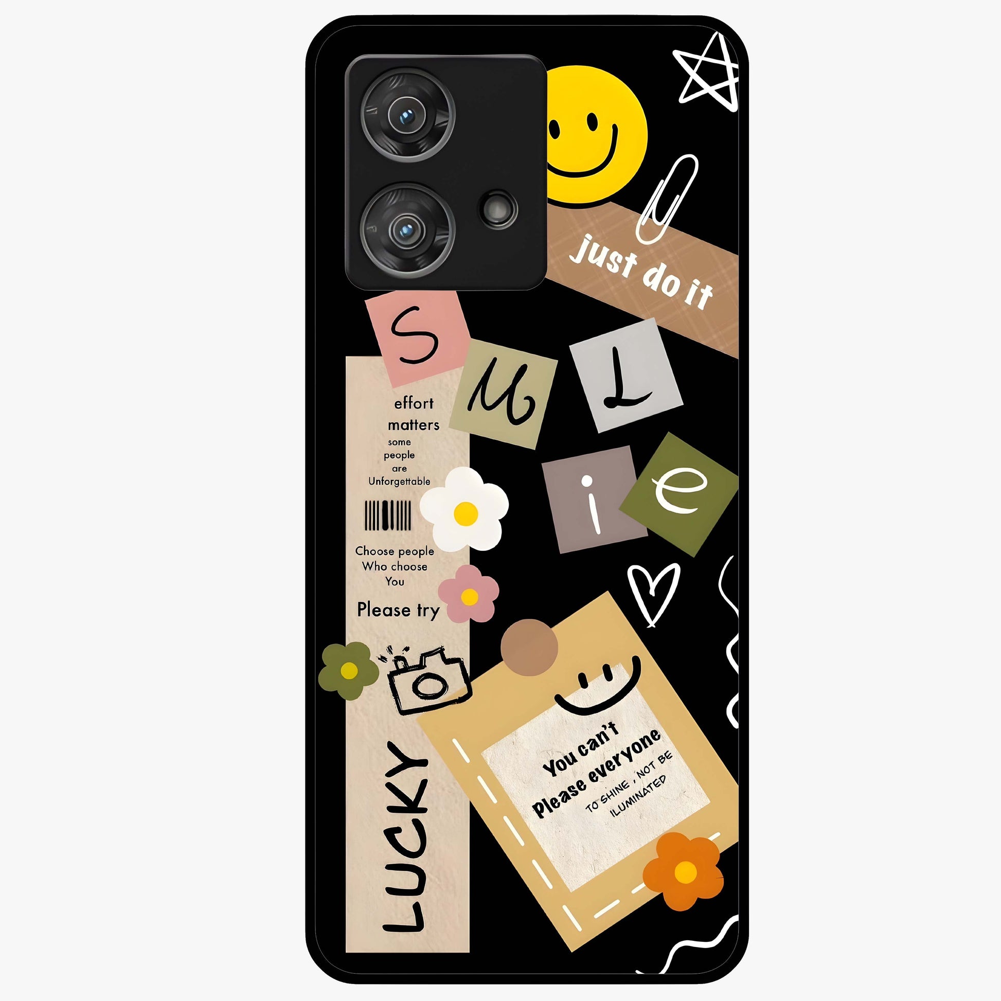 Lucky Aesthetic Collage Glass Case showing flat back view with trendy aesthetic collage artwork and glossy glass finish.