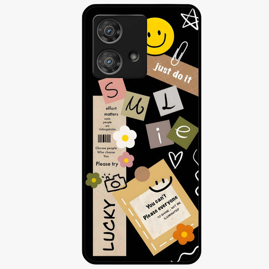 Lucky Aesthetic Collage Glass Case showing flat back view with trendy aesthetic collage artwork and glossy glass finish.