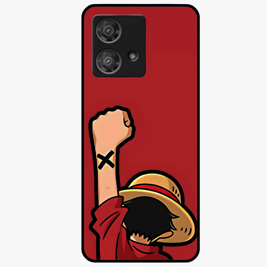 Luffy X Spirit Glass Case showing flat back view with bold anime character artwork and glossy glass finish.