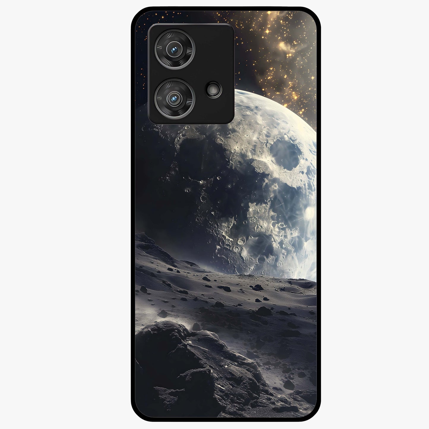 Lunar Horizon Glow Glass Case showing flat back view with glowing moon horizon artwork and glossy glass finish.