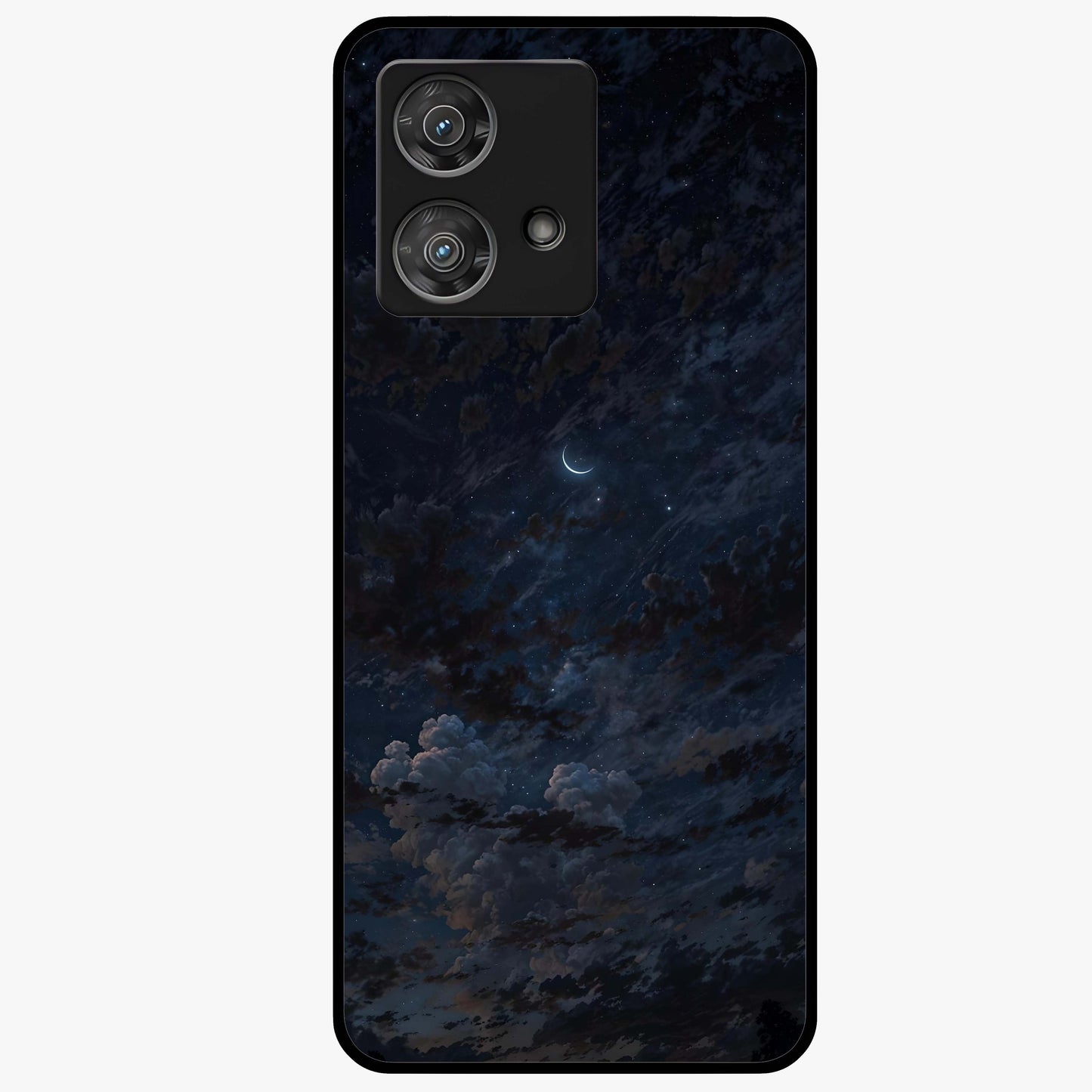 Lunar Veil Silence Glass Case showing flat back view with mystical moon veil artwork and glossy glass finish.