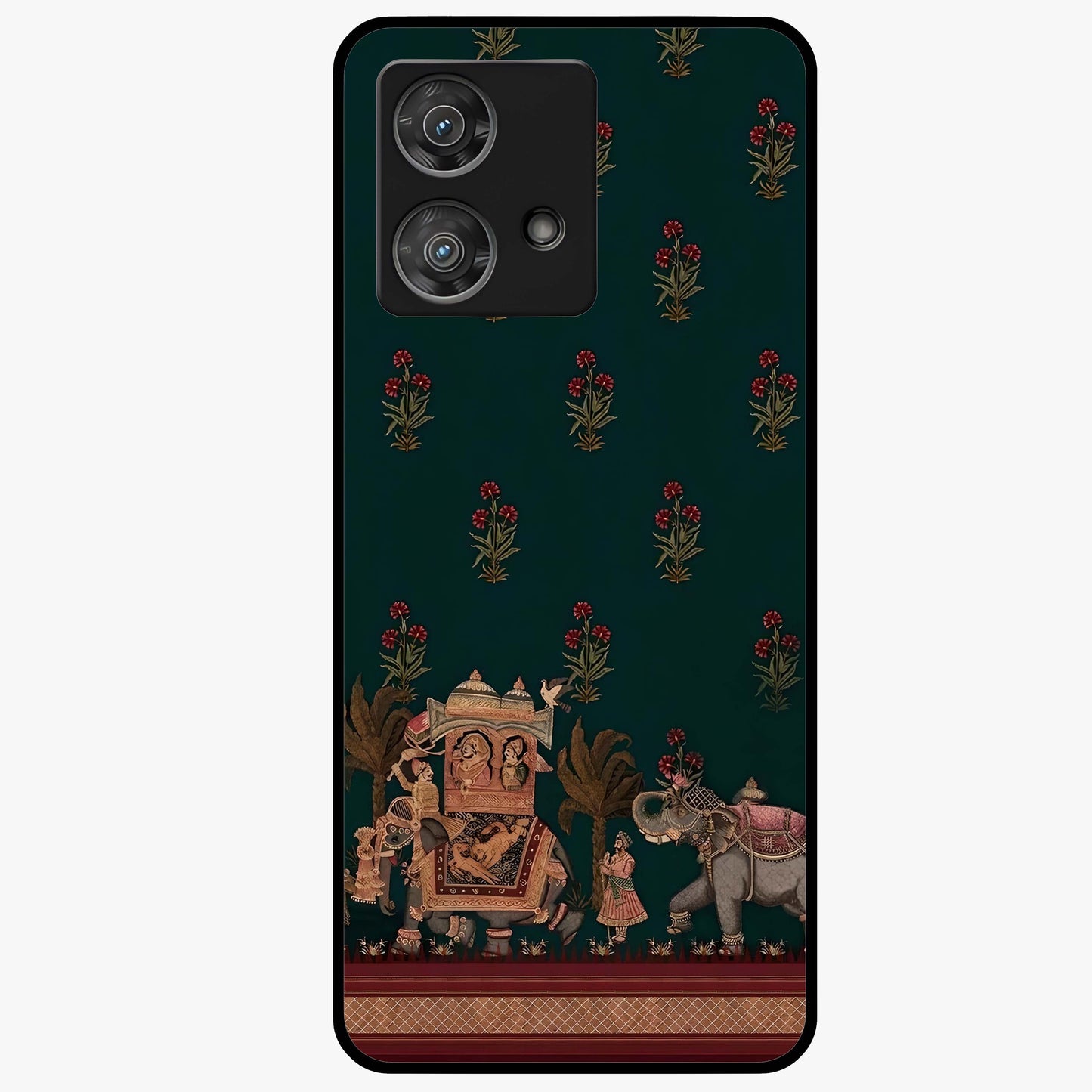 Macmerise Glass Case showing flat back view with stylish modern artwork and glossy glass finish.