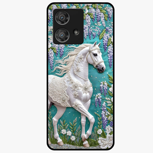 Majestic Floral Stallion Glass Case showing flat back view with powerful horse and floral artwork and glossy glass finish.