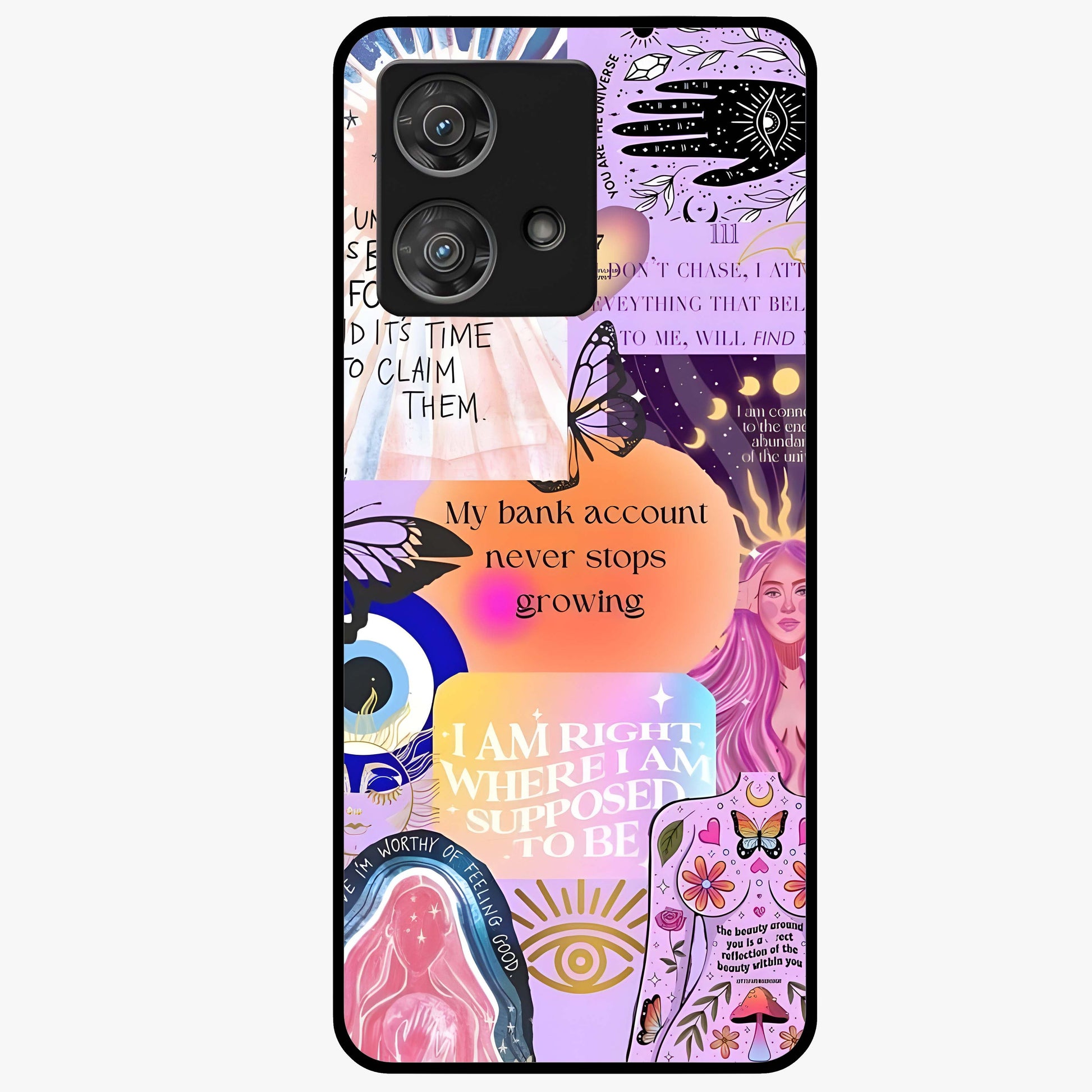 Manifestation Collage Glass Case showing flat back view with motivational collage artwork and glossy glass finish.