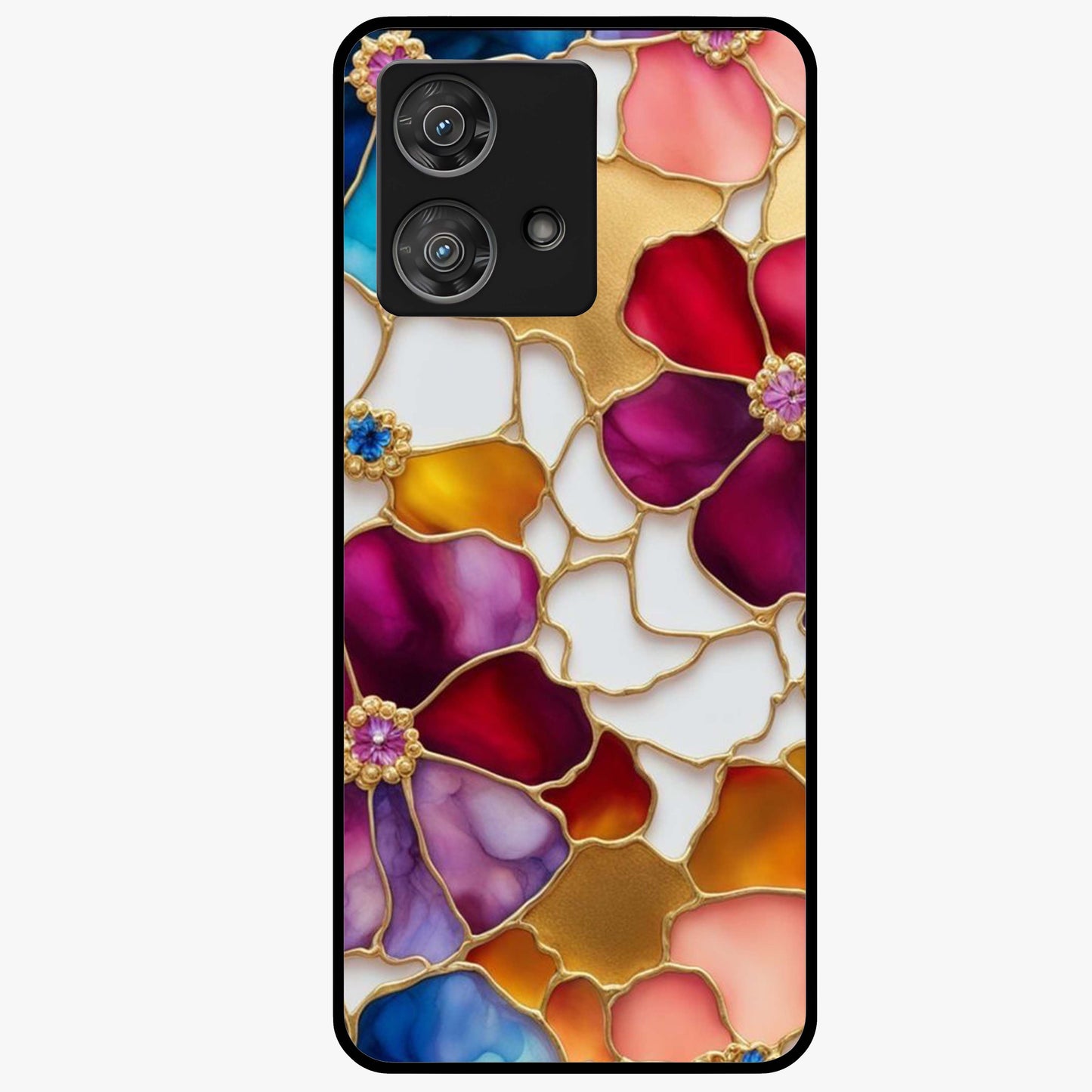 Marble Flower Pattern Glass Case showing flat back view with marble texture floral artwork and glossy glass finish.