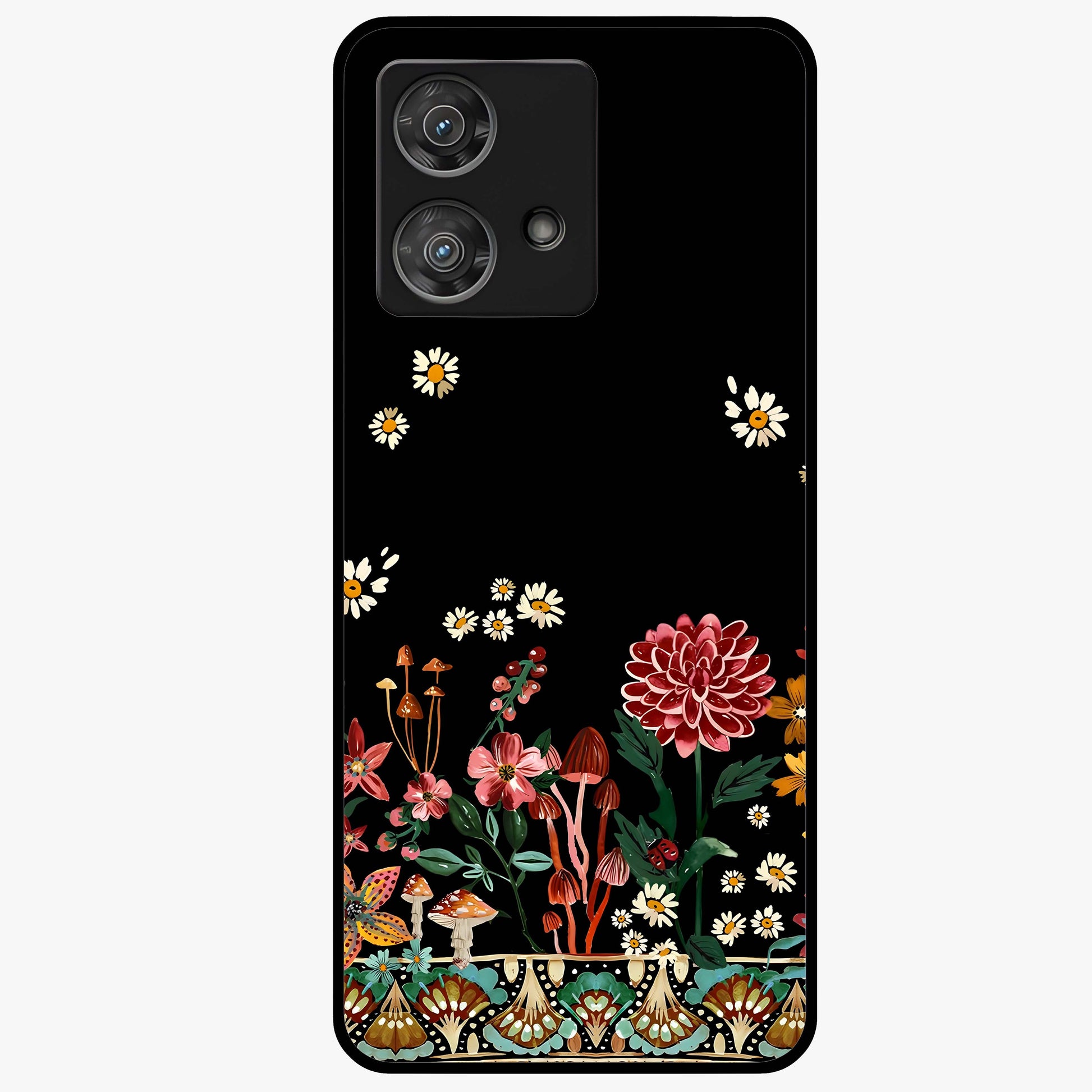 Midnight Bloom Pattern Glass Case showing flat back view with dark floral pattern artwork and glossy glass finish.