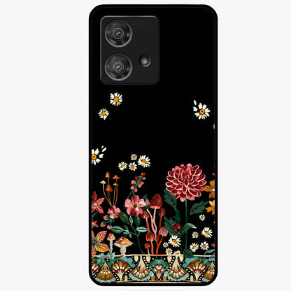 Midnight Bloom Pattern Glass Case showing flat back view with dark floral pattern artwork and glossy glass finish.