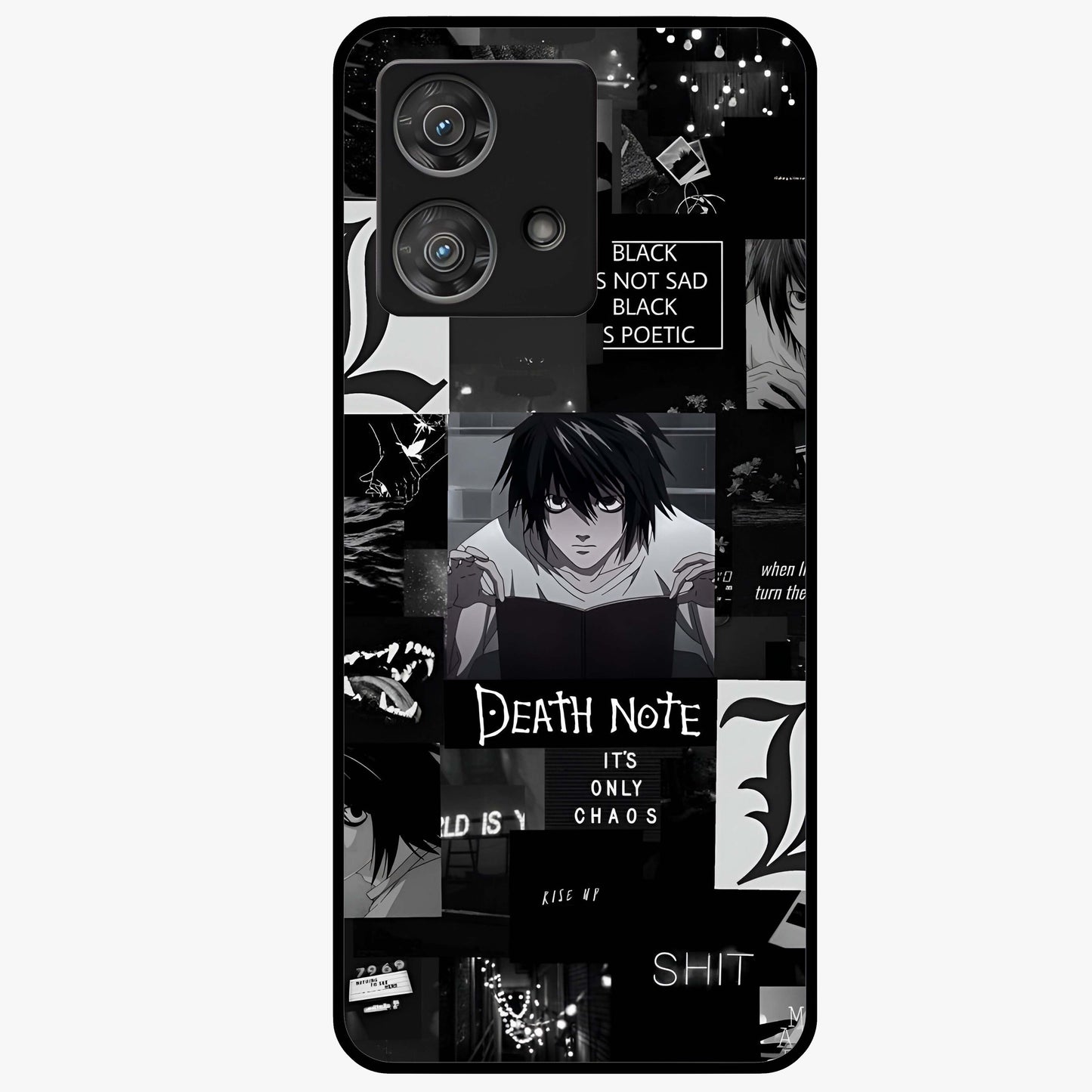 Midnight Chaos Mind Glass Case showing flat back view with abstract dark themed artwork and glossy glass finish.