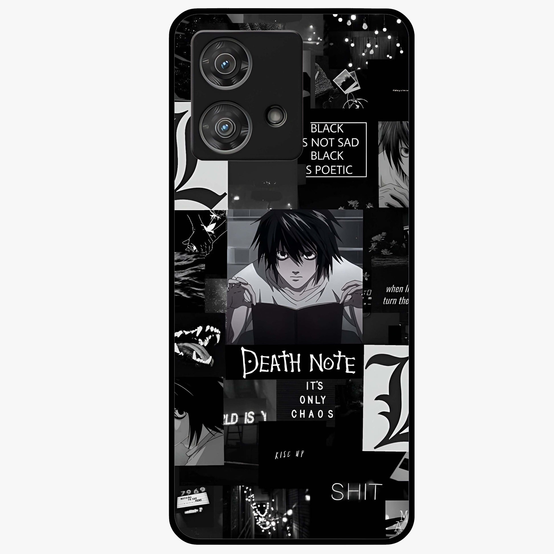 Midnight Chaos Mind Glass Case showing flat back view with abstract dark themed artwork and glossy glass finish.