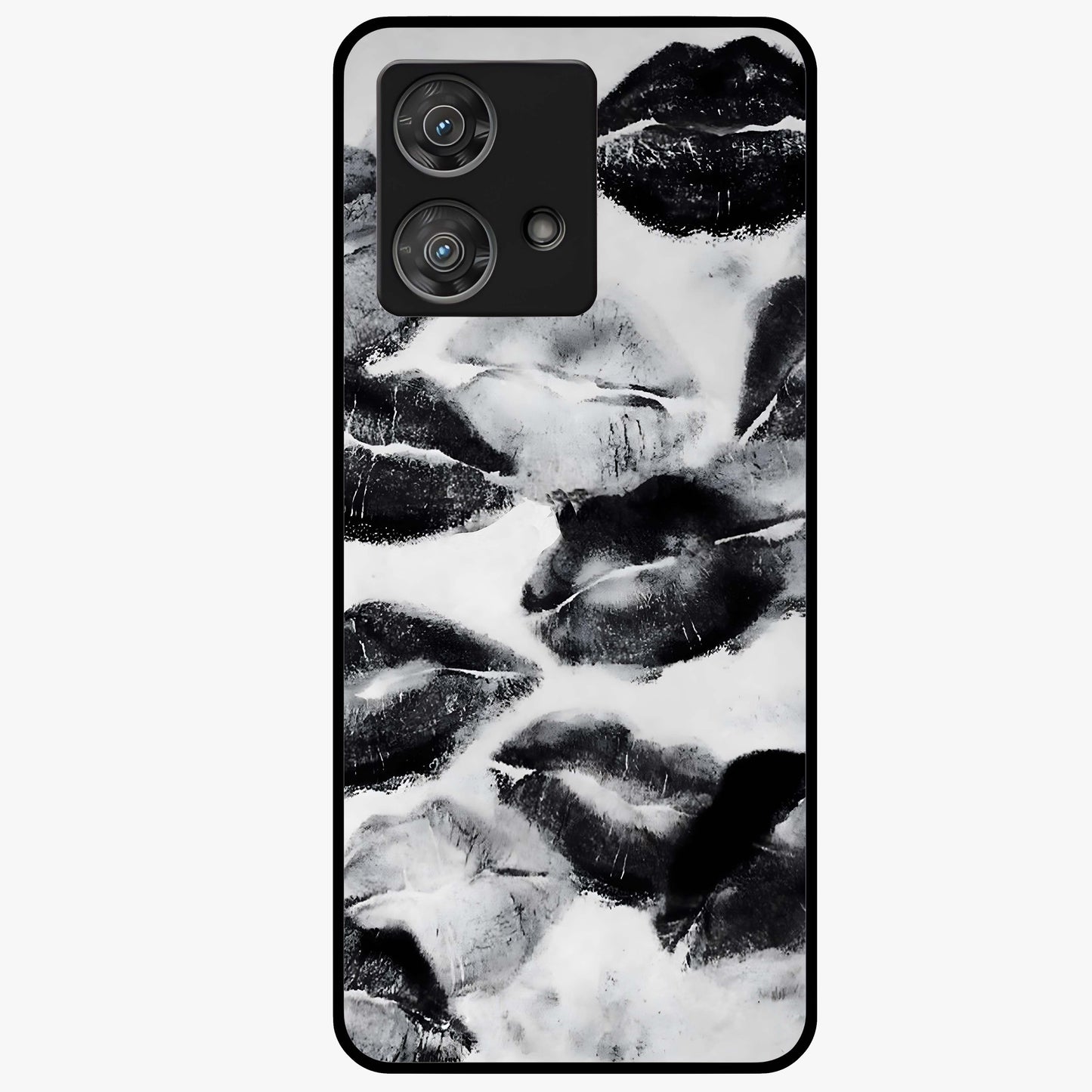 Midnight Kiss Marks Glass Case showing flat back view with lipstick kiss mark artwork and glossy glass finish.