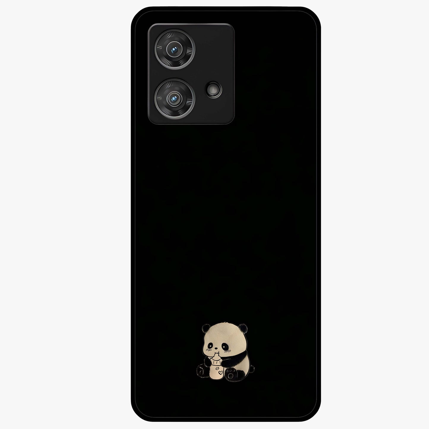 Midnight Panda Love Glass Case showing flat back view with cute panda themed artwork and glossy glass finish.