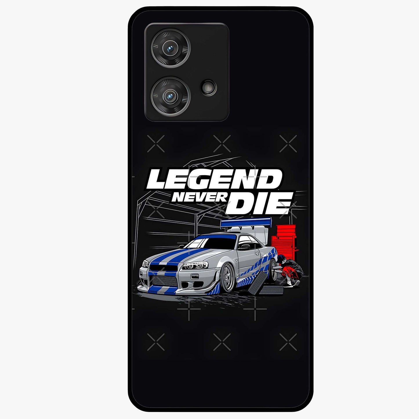 Midnight Racing Legacy Glass Case showing flat back view with sleek racing inspired artwork and glossy glass finish.