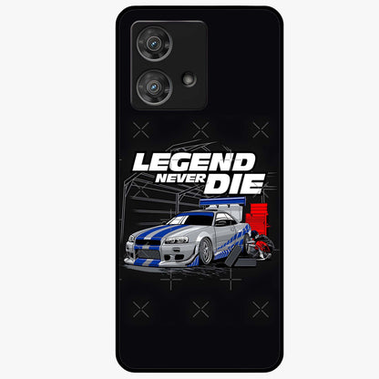 Midnight Racing Legacy Glass Case showing flat back view with sleek racing inspired artwork and glossy glass finish.