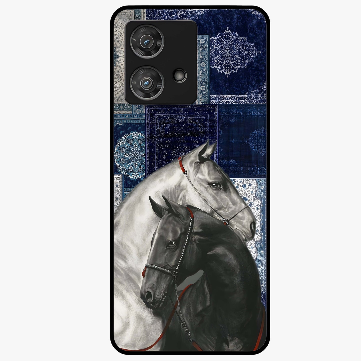 Midnight Stallion Blues Glass Case showing flat back view with majestic horse artwork and glossy glass finish.
