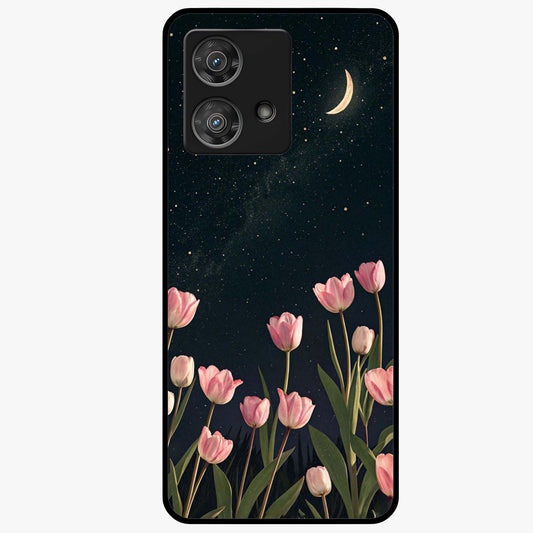 Midnight Tulip Whispers Vibe Glass Case showing flat back view with elegant tulip flower artwork and glossy glass finish.