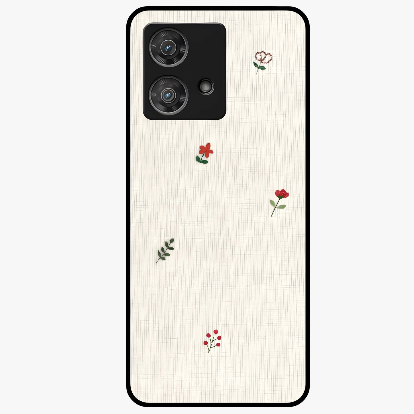 Minimal Petal Whispers Glass Case showing flat back view with soft minimal floral artwork and glossy glass finish.