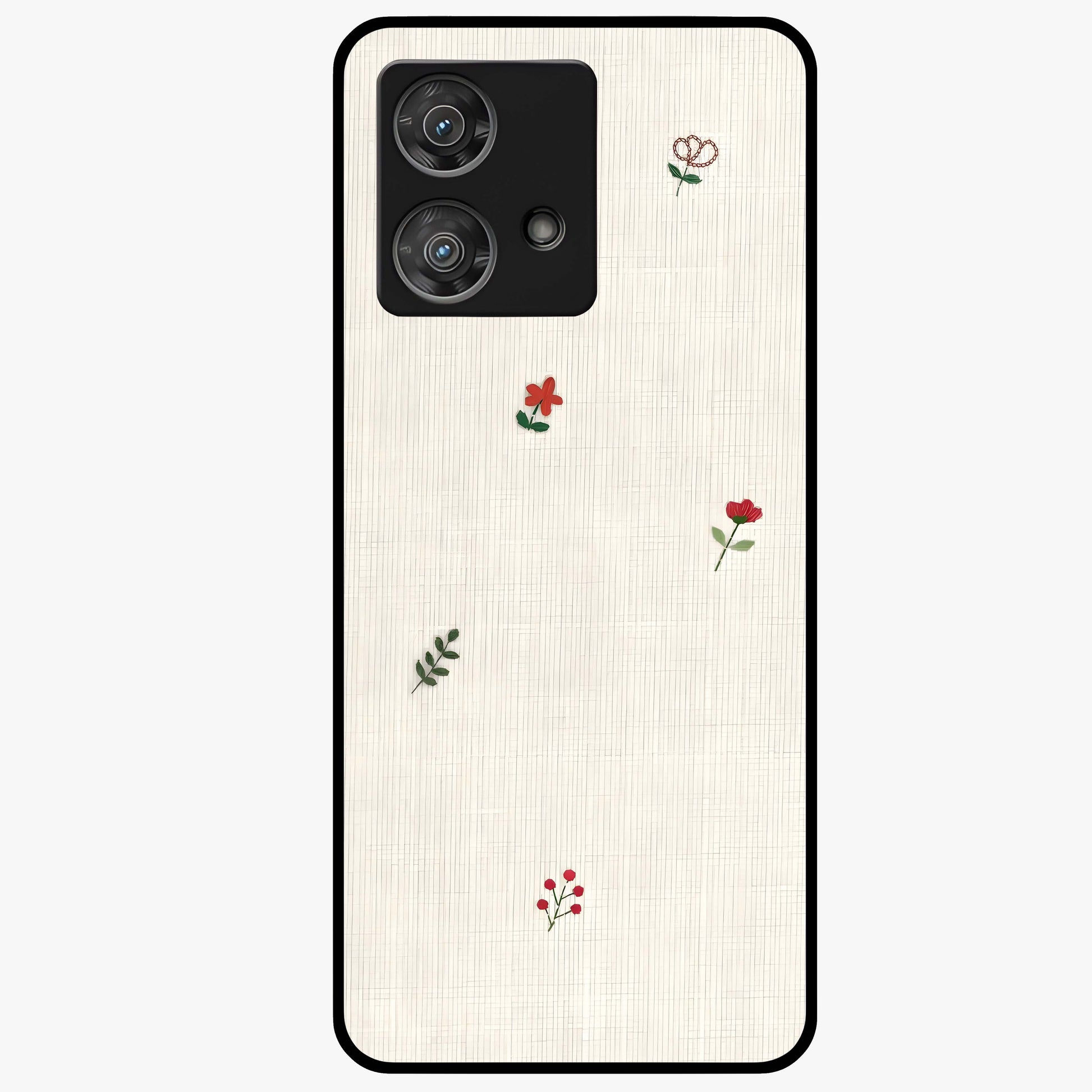 Minimal Petal Whispers Glass Case showing flat back view with soft minimal floral artwork and glossy glass finish.