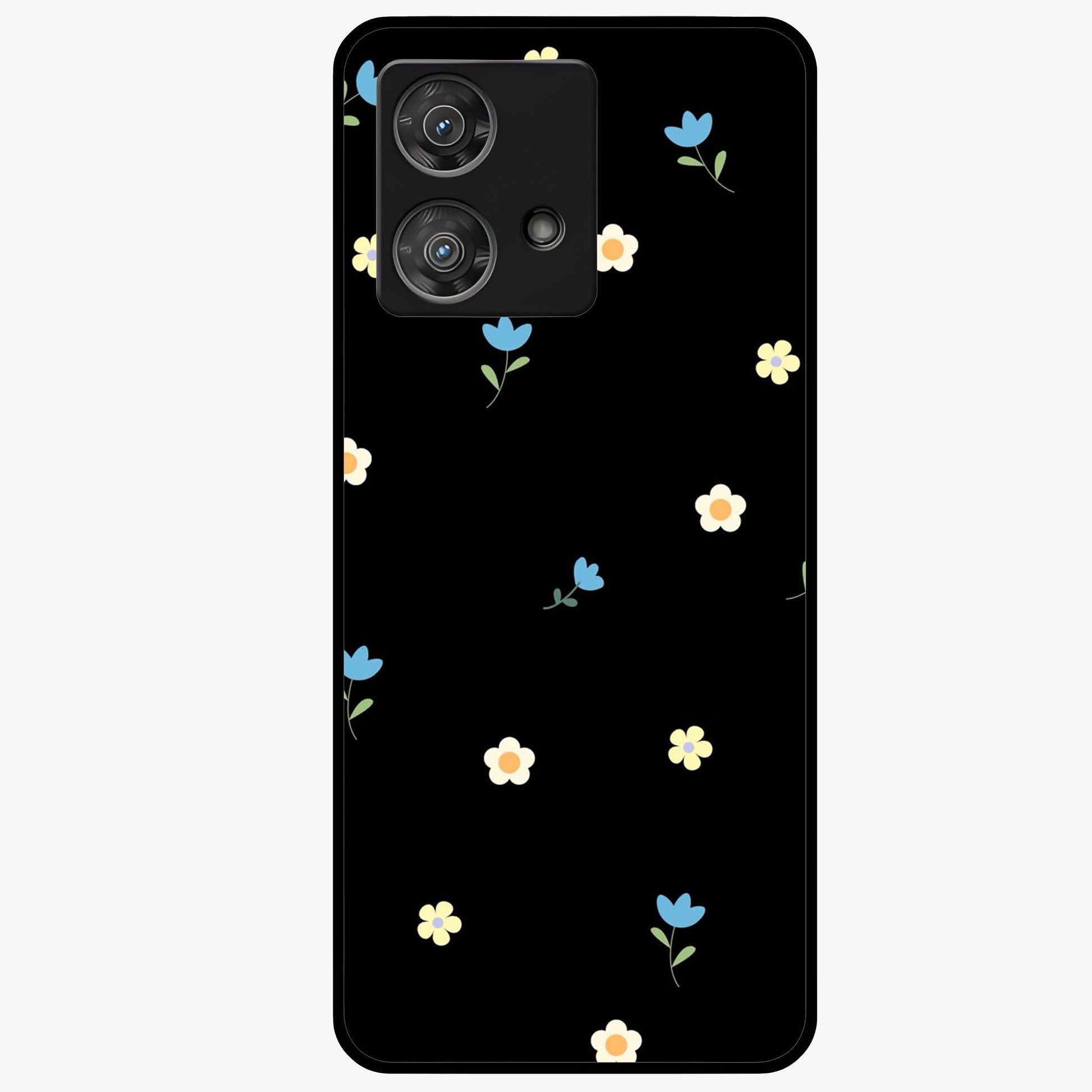 Minimalistic Blue With White Flower Pattern Glass Case showing flat back view with blue background and white flower pattern and glossy glass finish.