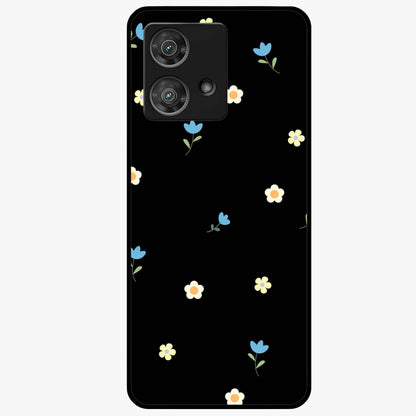 Minimalistic Blue With White Flower Pattern Glass Case showing flat back view with blue background and white flower pattern and glossy glass finish.