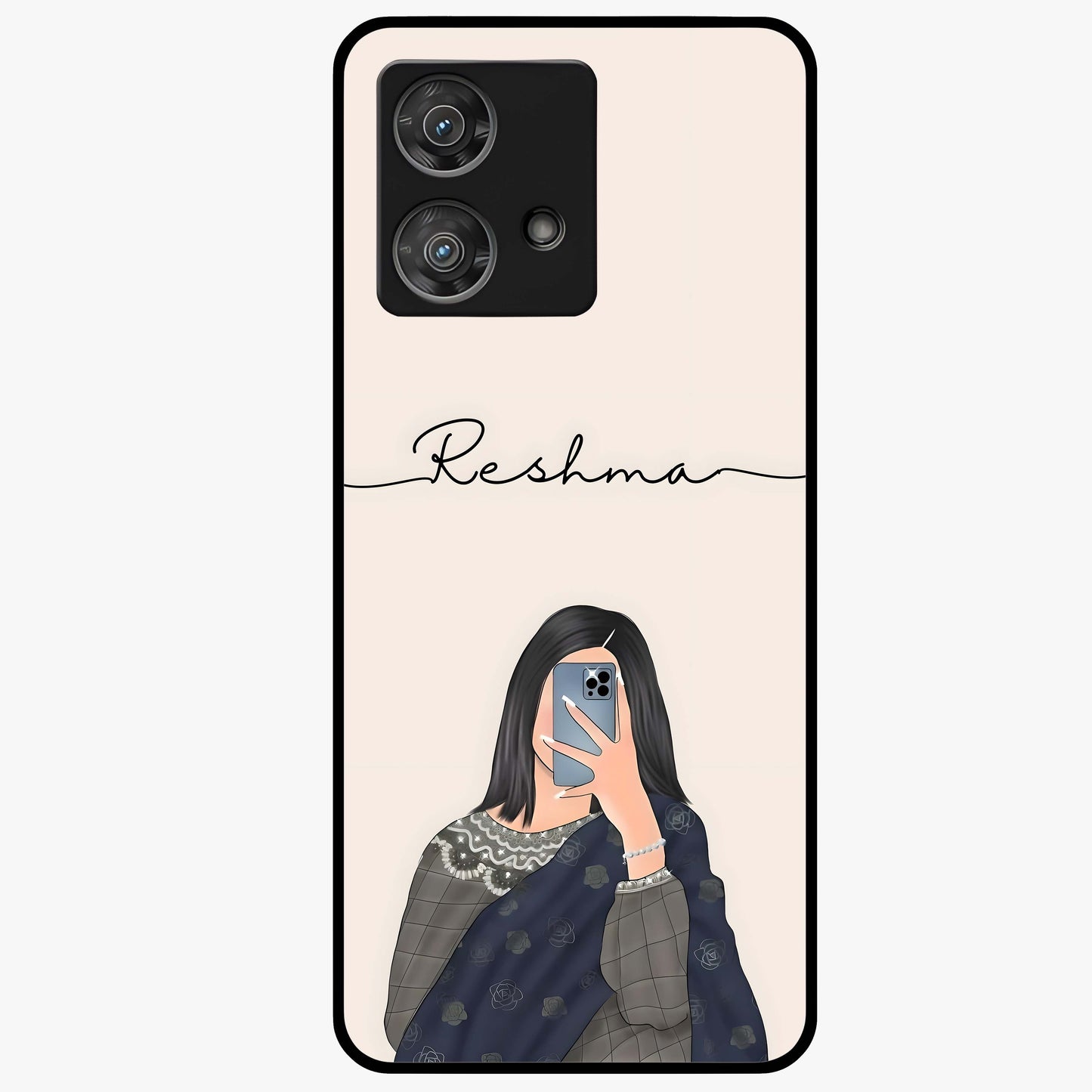 Mirror Mood Muse With Custom Name Glass Case showing flat back view with stylish mirrored artwork and personalized name design.