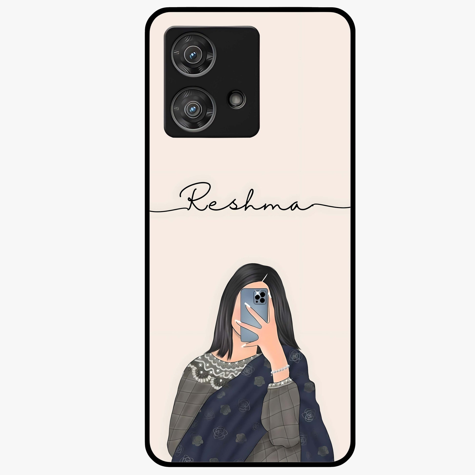 Mirror Mood Muse With Custom Name Glass Case showing flat back view with stylish mirrored artwork and personalized name design.