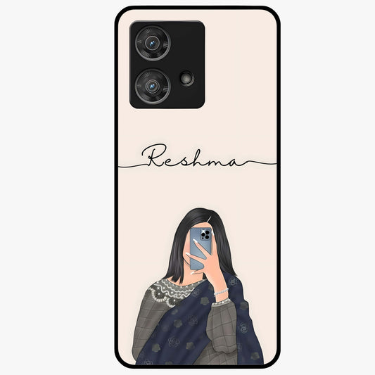 Mirror Mood Muse With Custom Name Glass Case showing flat back view with stylish mirrored artwork and personalized name design.