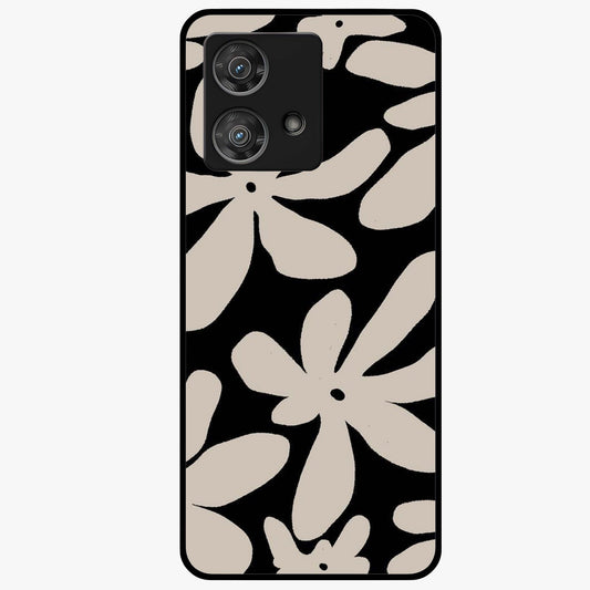 Monochrome Petal Dance Glass Case showing flat back view with monochrome floral artwork and glossy glass finish.