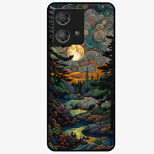 Moonlight Forest Dream Glass Case showing flat back view with mystical forest moonlight artwork and glossy glass finish.