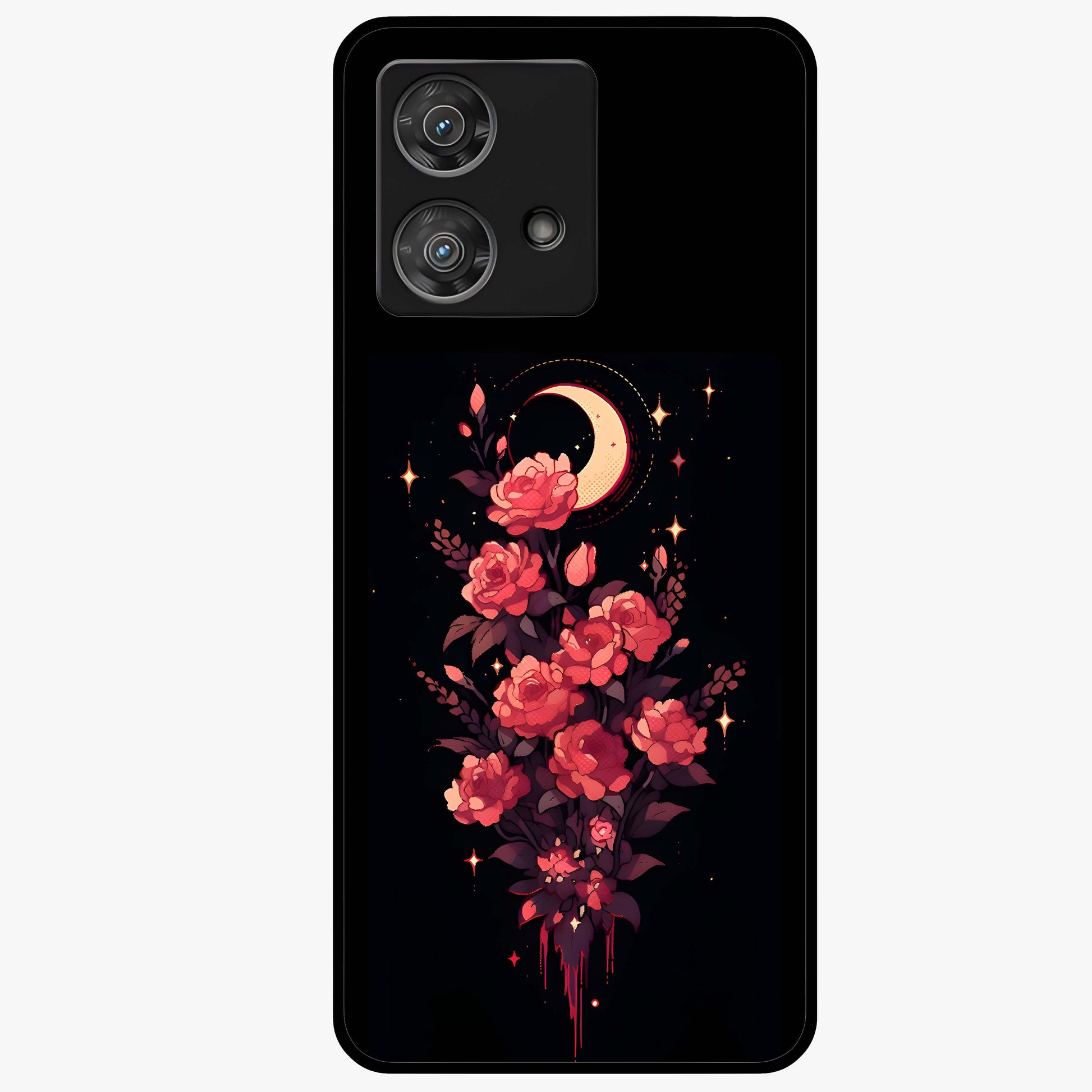 Moonlit Floral Elegance Glass Case showing flat back view with elegant floral artwork under moonlit tones and glossy glass finish.