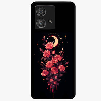 Moonlit Floral Elegance Glass Case showing flat back view with elegant floral artwork under moonlit tones and glossy glass finish.