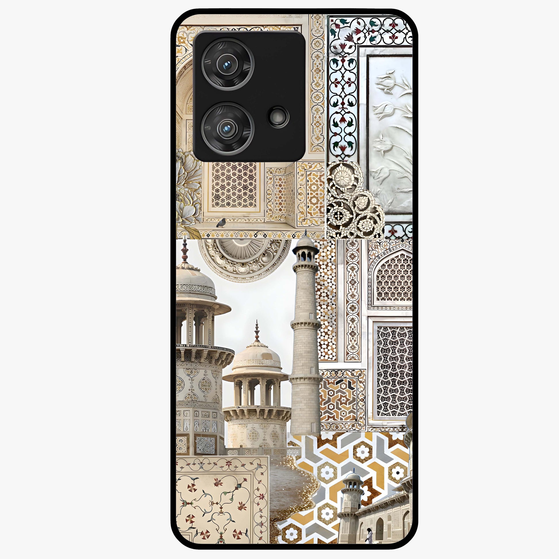 Mughal Marble Legacy Glass Case showing flat back view with intricate Mughal inspired marble pattern and glossy glass finish.