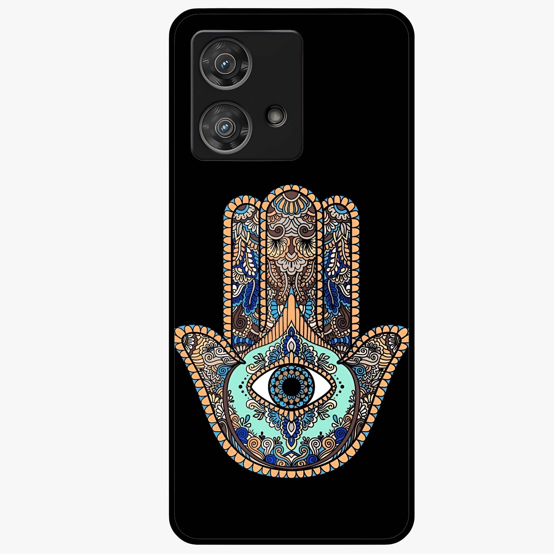 Mystic Hamsa Eye Glass Case showing flat back view with protective hamsa hand and evil eye artwork and glossy glass finish.