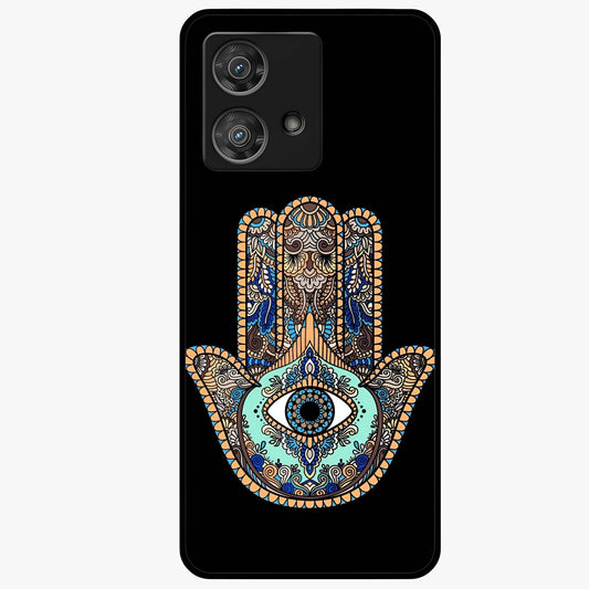 Mystic Hamsa Eye Glass Case showing flat back view with protective hamsa hand and evil eye artwork and glossy glass finish.