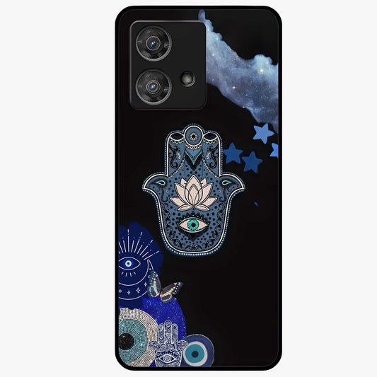 Mystic Hand Aura Glass Case showing flat back view with mystical hand symbol artwork and glossy glass finish.