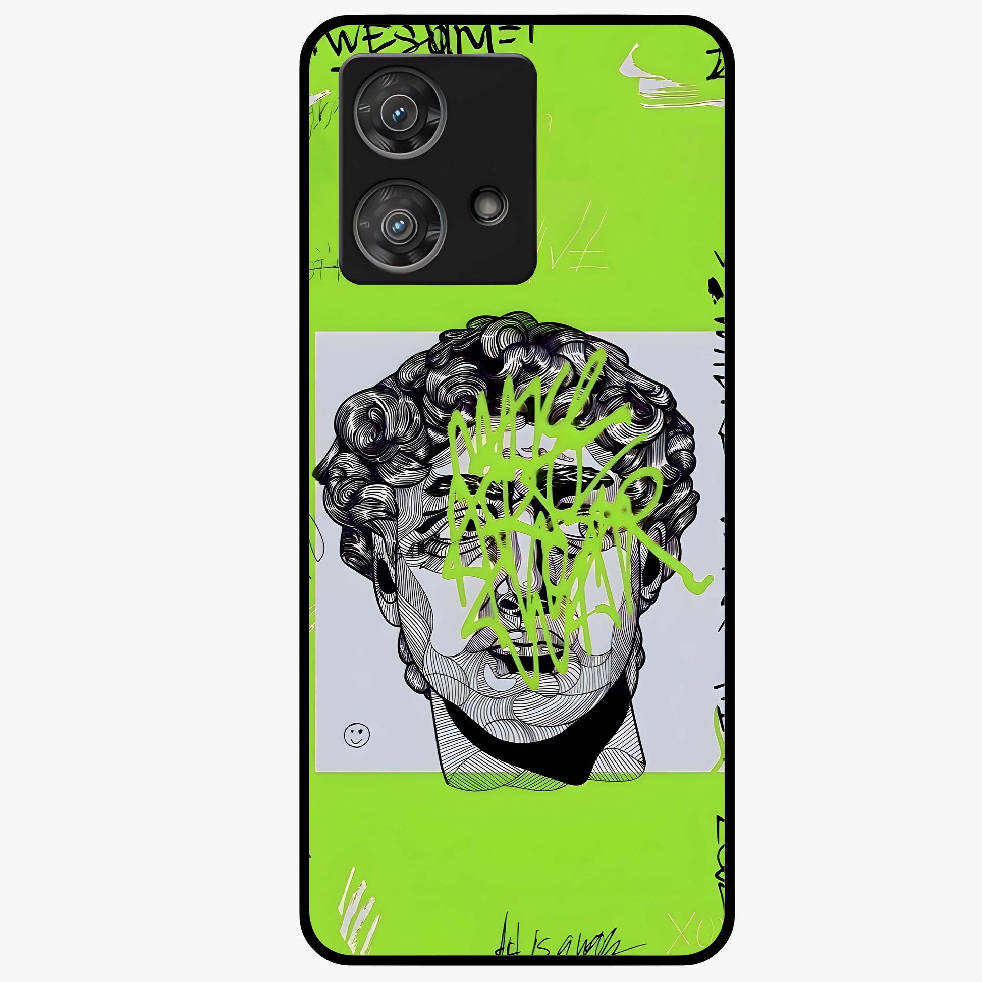 Neo Graffiti Rebellion Glass Case showing flat back view with vibrant graffiti artwork and glossy glass finish.