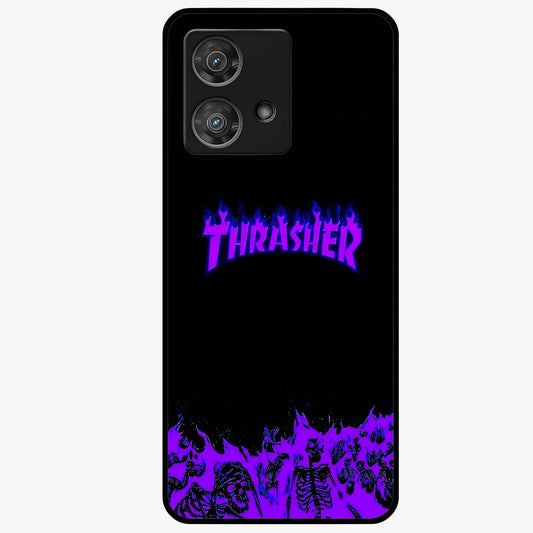 Neon Flame Riot Glass Case showing flat back view with neon flame artwork and glossy glass finish.