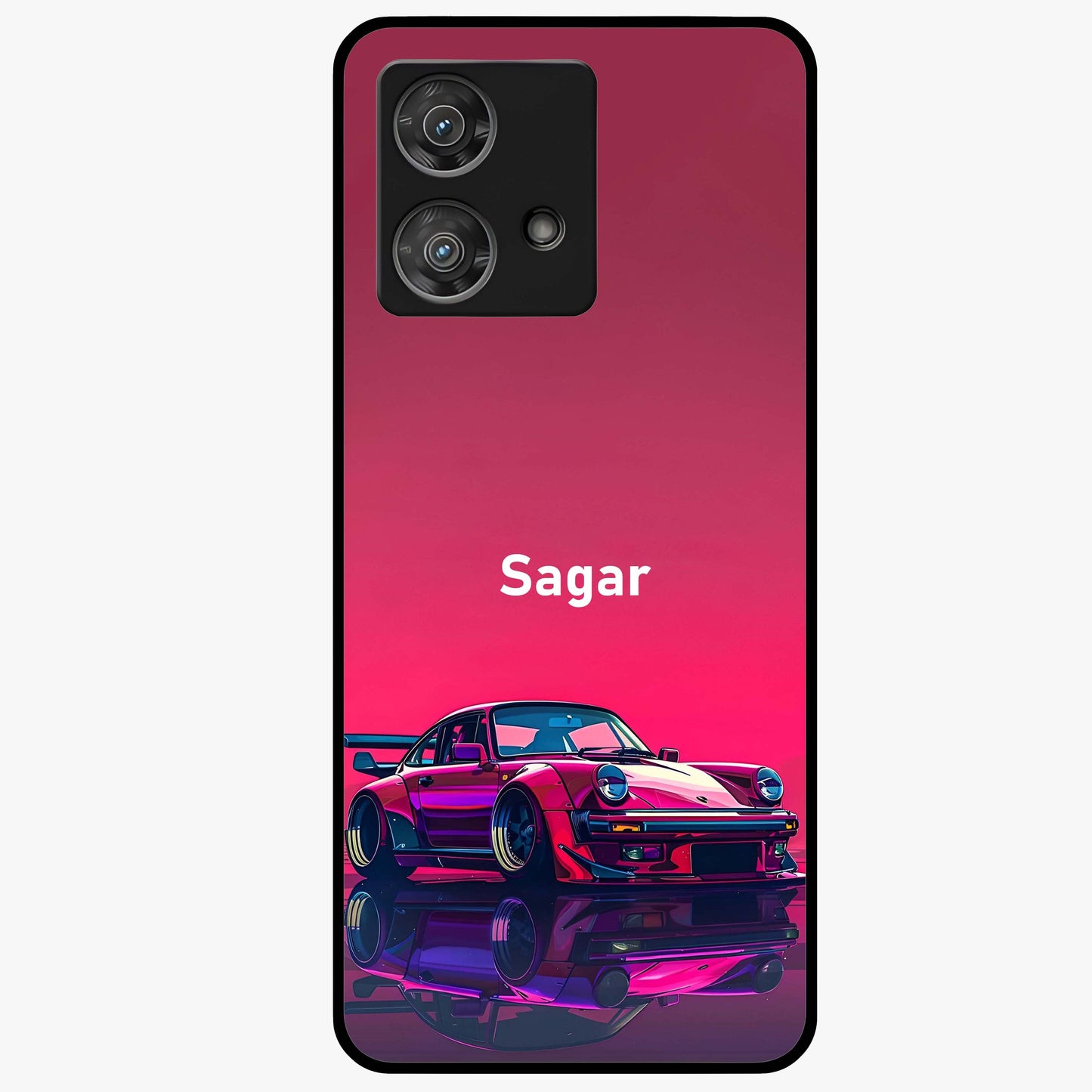 Neon Pink Porsche Glass Case showing flat back view with stylish sports car artwork and glossy glass finish.